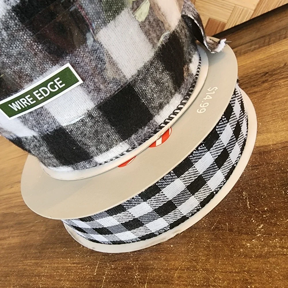 Lot of Buffalo Plaid Spools of Ribbon Black and‎ White Flannel Wired Home Decor